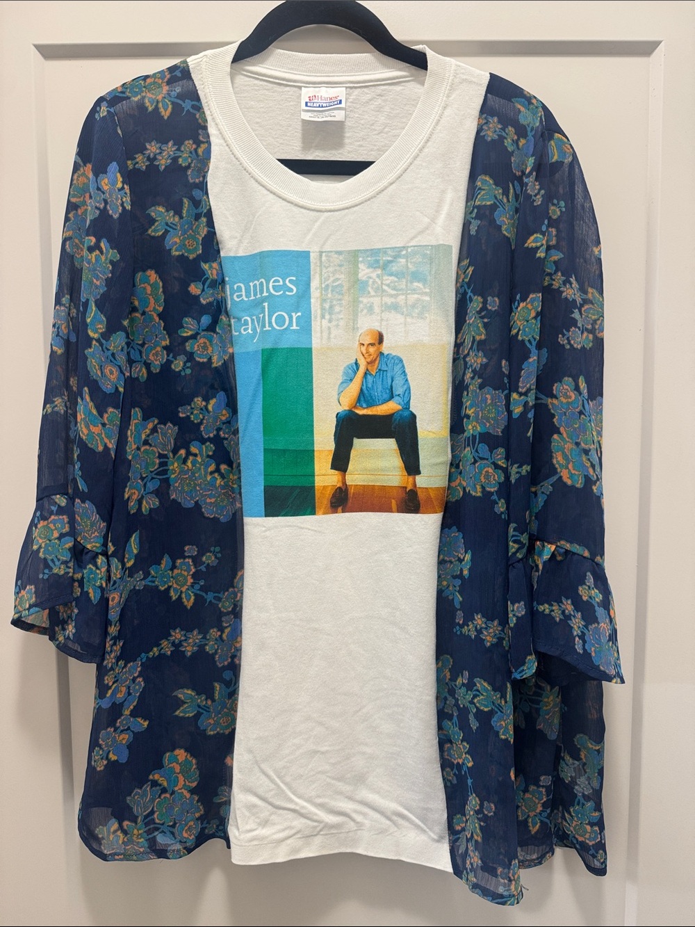 🎉 Upcycled James Taylor Concert Tee wNavy Floral Kimono Overlay. Fits XS-XL Best